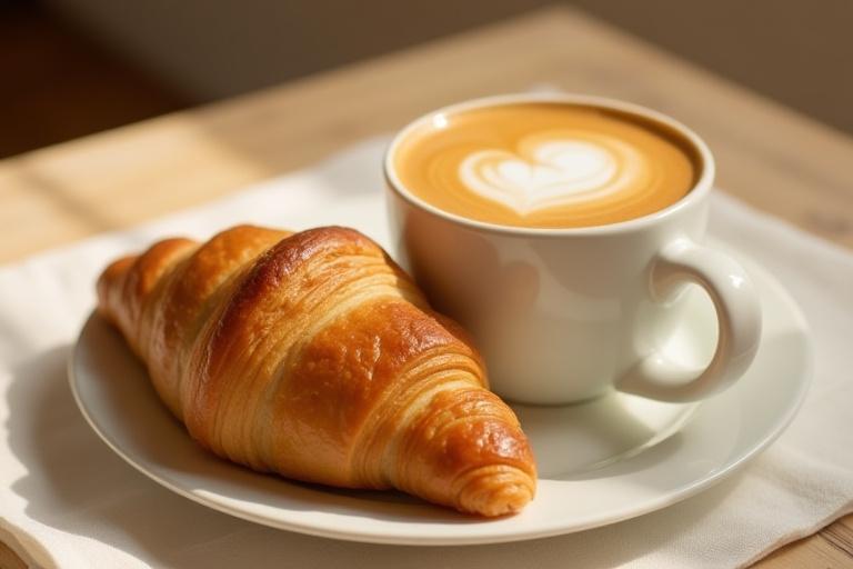 Ein frisches Croissant liegt neben einem Cappuccino auf dem Tisch.