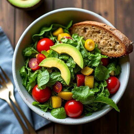 Ein bunter Salat mit Avocado und frischem Brot.